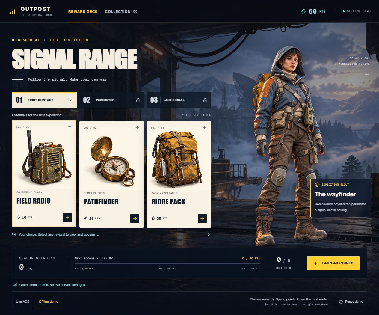 Signal Range starting offline deck shows 60 available points, zero spending, no collected rewards, and the three tier tabs.