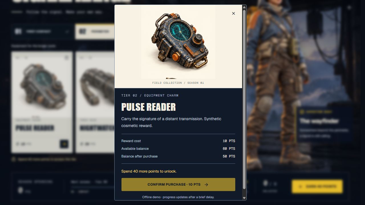 Pulse reader details show a 10-point cost and 60-point balance, but purchase confirmation is disabled until another 40 points have been spent.