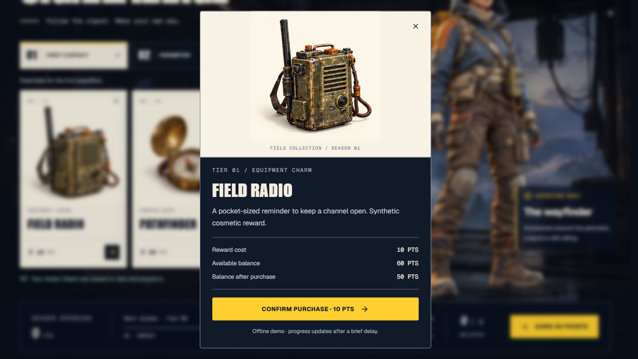 Field radio confirmation shows a 10-point cost, 60 available points, a 50-point projected balance, and an enabled confirmation button.
