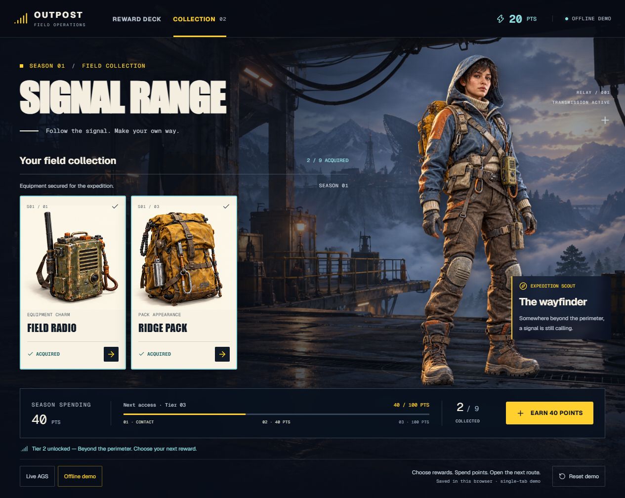 Collection view displays only the acquired Field radio and Ridge pack, with 20 available points, 40 season spending, and two of nine rewards collected.
