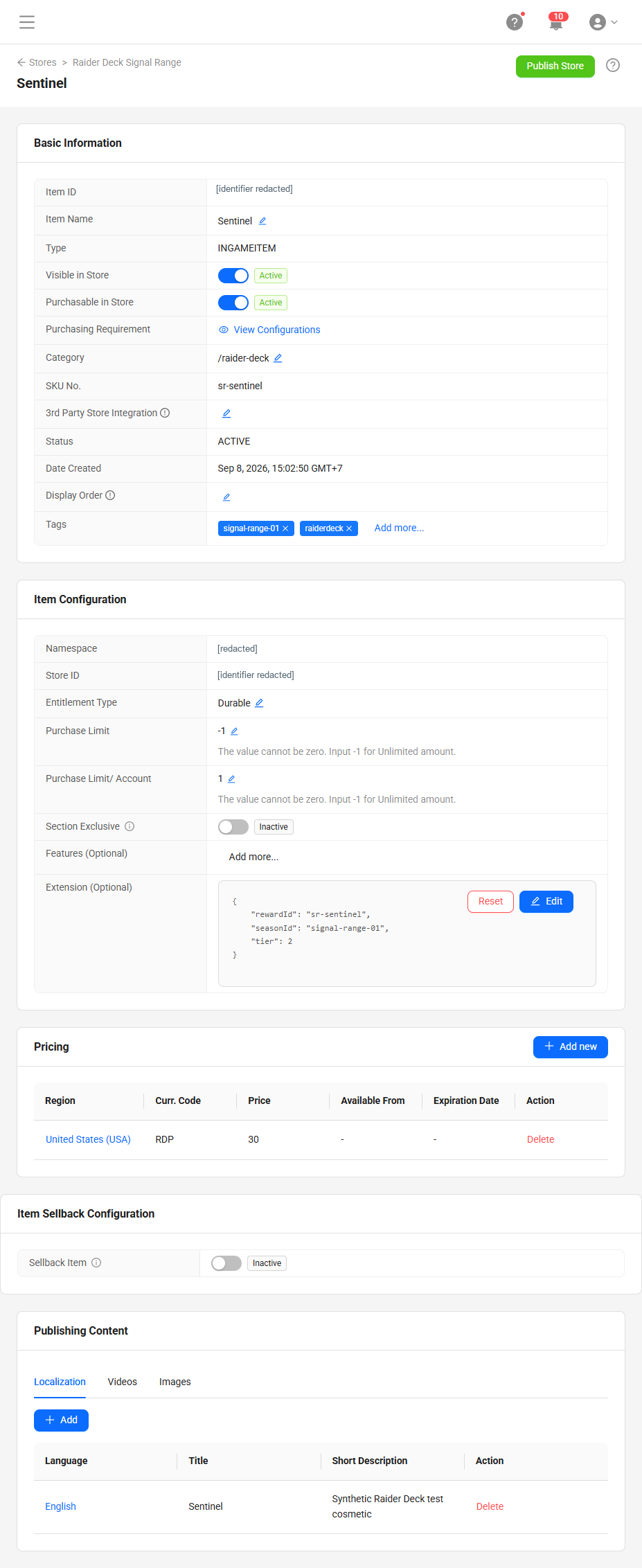 Full Sentinel configuration shows a Durable entitlement, per-account purchase limit of one, and a United States price of 30 RDP.