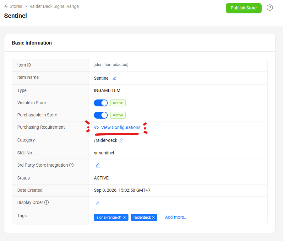 Sentinel catalog item with visibility and purchasing enabled, and View Configurations highlighted beside Purchasing Requirement.
