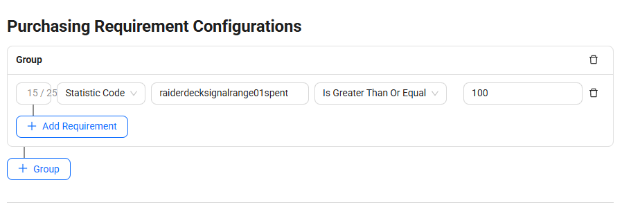 Tier 3 purchase requirement uses the same spending statistic, Is Greater Than Or Equal, and value 100.